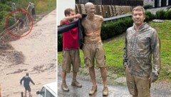 Dramatik pur: Stephen Nettles hält den Italiener in den Wassermassen fest (roter Kreis), Christoph Hafele eilt zu Hilfe. Im rechten Bild: der Italiener und Hafele noch voll mit Schlamm. (Bild: Privat)