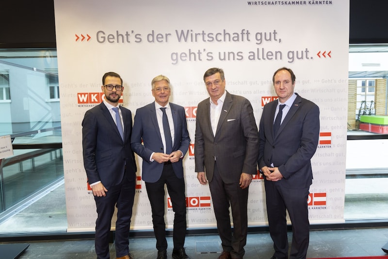 Sebastian Schuschnig, Provincial Councillor for Economic Affairs, Peter Kaiser, Governor of the Province of Lower Austria, Jürgen Mandl, President of the Chamber of Commerce, and Herwig Draxler, Head of Economic Policy, presented the gloomy figures and discussed possible solutions. (Bild: WKK/Peter Just)