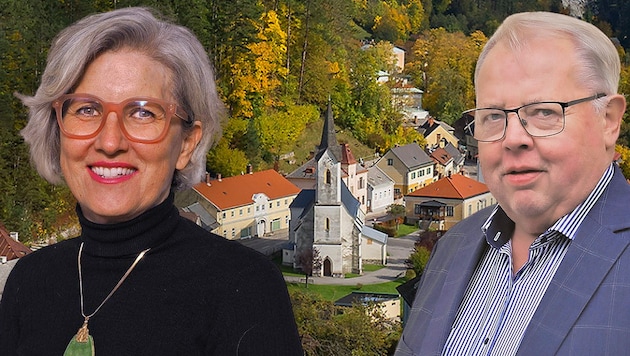 Hilde Ramberger lobt In Gutenstein die Zusammenarbeit mit Herbert Schmierl (ÖVP) (Bild: Krone KREATIV/David Diabl, Gemeinde Gutenstein)