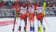 Nur Marco Odermatt (m.) war schneller als Patrick Feurstein (l.) und Stefan Brennsteiner. (Bild: GEPA/GEPA pictures)