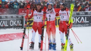 Nur Marco Odermatt (m.) war schneller als Patrick Feurstein (l.) und Stefan Brennsteiner. (Bild: GEPA/GEPA pictures)