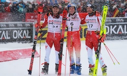 Nur Marco Odermatt (m.) war schneller als Patrick Feurstein (l.) und Stefan Brennsteiner.