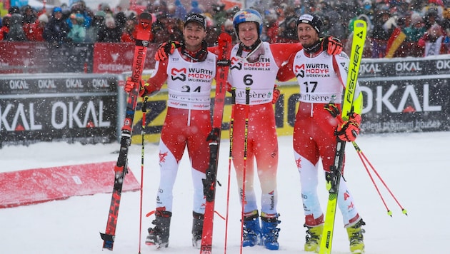 Only Marco Odermatt (m.) was faster than Patrick Feurstein (l.) and Stefan Brennsteiner. (Bild: GEPA/GEPA pictures)