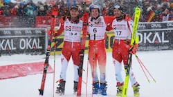 Nur Marco Odermatt (m.) war schneller als Patrick Feurstein (l.) und Stefan Brennsteiner. (Bild: GEPA/GEPA pictures)