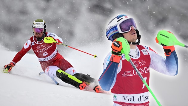 Manuel Feller (l.) came fourth, with Henrik Kristoffersen (r.) snatching victory. (Bild: AFP/APA/Jeff PACHOUD, ASSOCIATED PRESS)