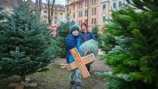 David und Valentin waren mit ihrer Mutter am Grazer Hasnerplatz und tragen den Baum ganz allein heim. (Bild: Pail Sepp)