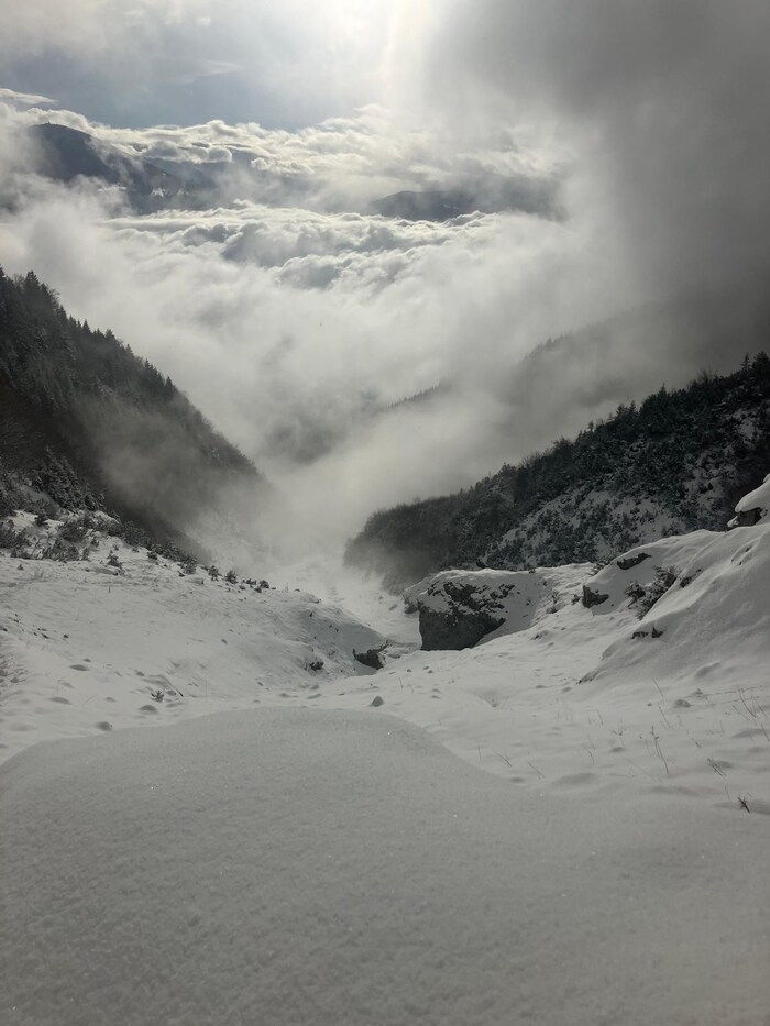 Mystical atmosphere with a view from the Höttinger Graben on the Nordkette to the cloudy ...