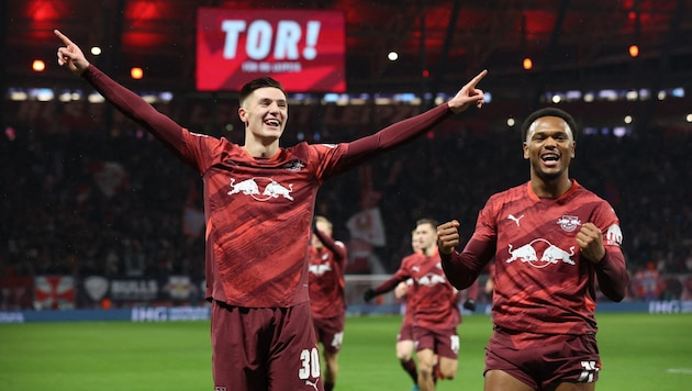 Benjamin Šeško und Co. freuen sich über den Sieg von RB Leipzig … (Bild: AFP)