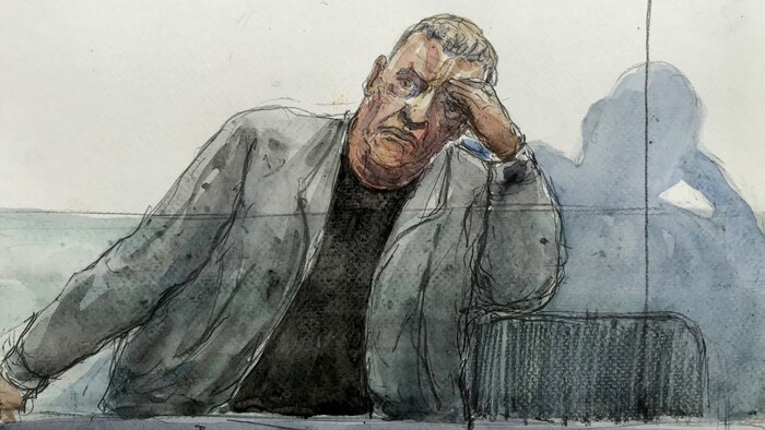 A drawing of Dominique Pelicot in the Avignon courthouse.