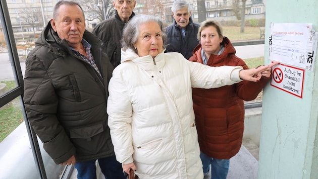 Ms. Hopodides (center) with other affected tenants and Hans Jörg Schimanek (2nd from left). (Bild: Jöchl Martin)