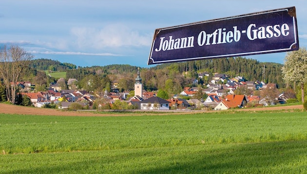 Ein Straßenschild wirft einen Schatten auf das malerische Groß Gerungs. (Bild: Krone KREATIV/Waldviertel Tourismus, BLG)