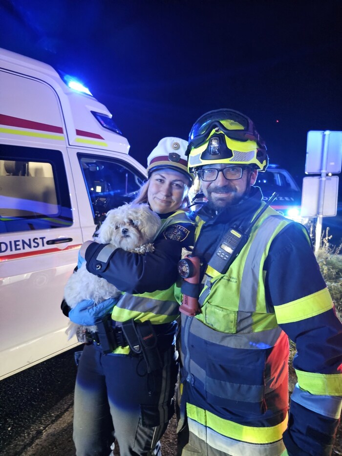 Die Malterse-Hündin wurde von einer Polizistin udn einem Feuerwehrmann befreit.