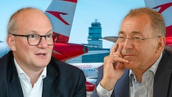 Auch Julian Jäger (li.) und Norbert Draskovits (re.) ist die Luftverkehrssteuer ein Dorn im Auge. (Bild: Krone KREATIV/Markus Wenzel (2), APA/Austrian Airlines)