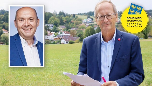 Neos-Kommunalsprecher Helmut Hofer-Gruber hätte von Bürgermeister Michael Krischke (li.) gerne Auskunft über Pläne zur Verbauung der „Friedhofswiese“ in Sulz. (Bild: Krone KREATIV/Neos/Gemeinde Wienerwald)