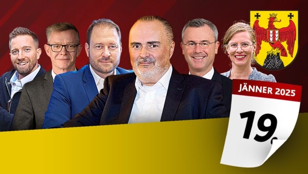 Die Spitzenkandidaten für die Landtagswahl: Hans Peter Doskozil (SPÖ), Christian Sagartz (ÖVP), Norbert Hofer (FPÖ), Anja Haider-Wallner (Grüne), Géza Molnár (Liste Hausverstand) und Christoph Schneider (Neos). (Bild: Carina Fenz, ÖVP, Mili Badic, zVg (2), Vienna Press/Tischler, stock.adobe.com)