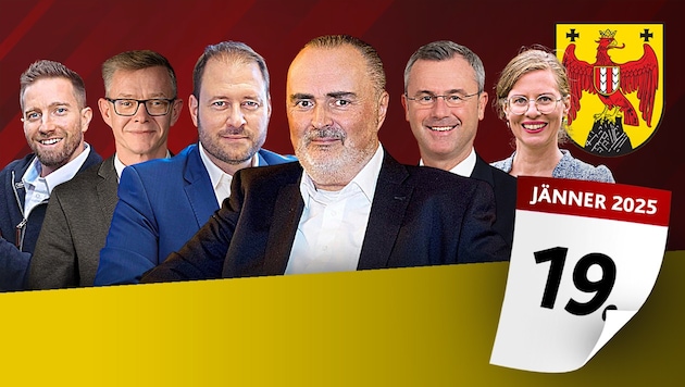 Alle Spitzenkandidaten (v. li.):  Schneider (Neos), Molnár (Liste Hausverstand), Sagartz (ÖVP), Doskozil (SPÖ), Hofer (FPÖ) und Haider- Wallner (Grüne). (Bild: Carina Fenz, ÖVP, Mili Badic, zVg (2), Vienna Press/Tischler, stock.adobe.com)