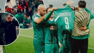 Ein Sieg für Guido Burgstaller: Bei Rapid gab’s nach dem 3:0 gegen Kopenhagen kein Halten mehr. (Bild: GEPA/facebook.com/@skrapid)