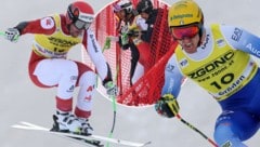 Während Mattia Casse (re.) im Ziel jubelte, konnte Vincent Kriechmayr (li.) nicht mit den Schnellsten mithalten. Daniel Danklmaier (Mitte) stürzte. (Bild: GEPA/APA/AFP/Marco BERTORELLO)