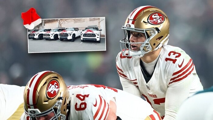 Brock Purdy (right) and his Christmas presents (top left)