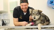 Veterinär Wolfgang Kneifel  mit seinem Schützling, der so um sein Leben gekämpft hat. Er braucht ...