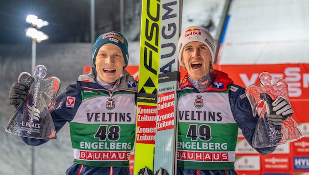 Jan Hörl (li.) gewinnt in Engelberg, Daniel Tschofenig wird Zweiter. (Bild: GEPA/GEPA pictures)