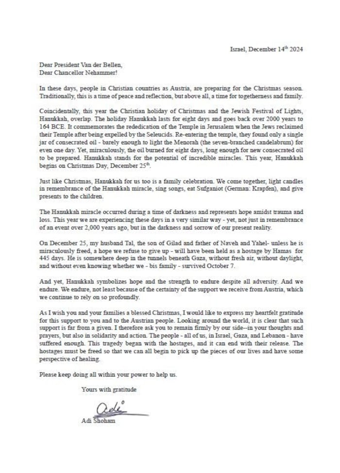 Der Brief von Adi Shoham im Wortlaut