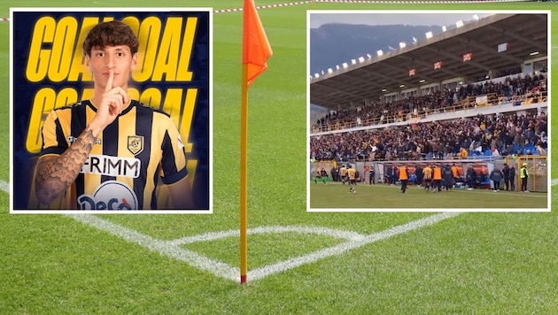 Romano Mussolini (li.) und die irritierenden Fans von Juve Stabia (Bild: GEPA; x.com/ssjuvestabiaspa)