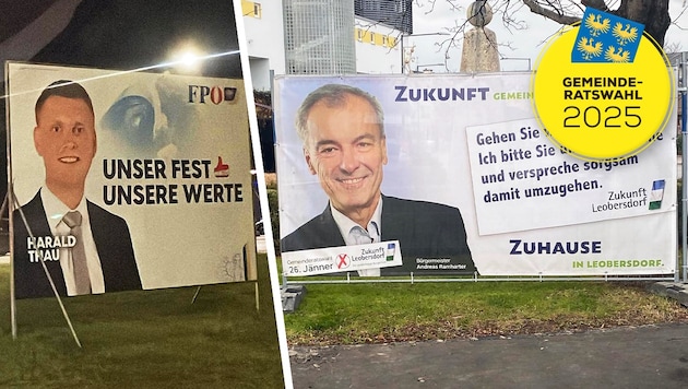 The FPÖ Mödling simply put up their posters in Wiener Neudorf. The SPÖ in Leobersdorf criticizes the premature election advertising by Liste Zukunft Leobersdorf. (Bild: Krone KREATIV/ZVG, SPÖ Leobersdorf/FPÖ Mödling)