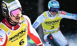 Timon Haugan (rechts) gewann in Alta Badia, Manuel Feller konnte Platz sieben zufrieden sein.