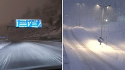 Auf der Inntalautobahn bei Innsbruck (links) und bei Seefeld herrschten tief winterliche Verhältnisse. (Bild: Rauth Hubert/Land Tirol (Webcam))