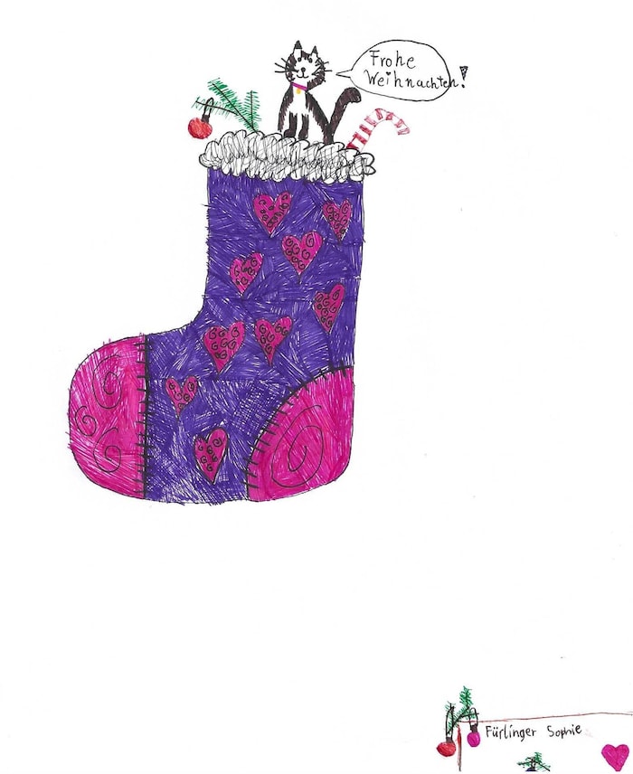 Der bunte Weihnachtsstiefel mit Katze ist von Sophie aus Werndorf in der Steiermark. Danke!