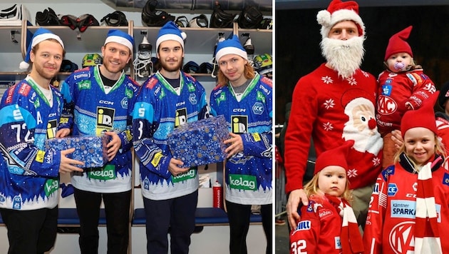 The VSV gnomes Hughes, Van Nes, Rebernig and Scherbak (from left). Picture right: KAC Santa Claus Dahm with his children Vilma, Alice and Lova. (Bild: Kuess, Pessentheiner)