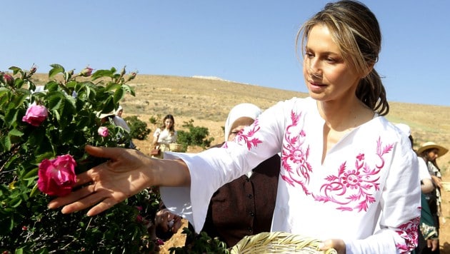 Archivbild aus dem Jahr 2023: Asma Assad beim Rosenpflücken im syrischen Dorf al-Marah (Bild: APA/AFP/LOUAI BESHARA)