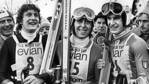 The podium of the 1974 Wengen downhill race: Franz Klammer, Roland Collombin, Herbert Plank (Bild: APA/KEYSTONE/STR)