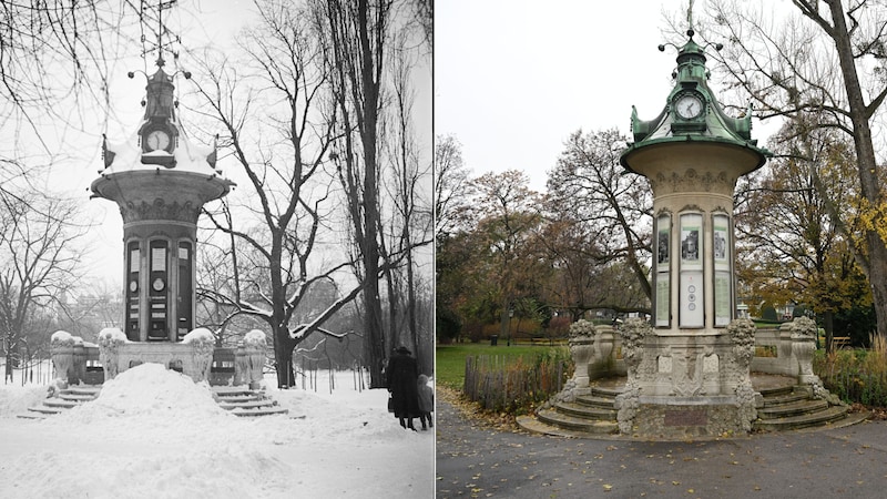 Das Wetterhäuschen im Wiener Stadtpark 1930 vs. 2024 (Bild: picturedesk.com/Helmut Fohringer)