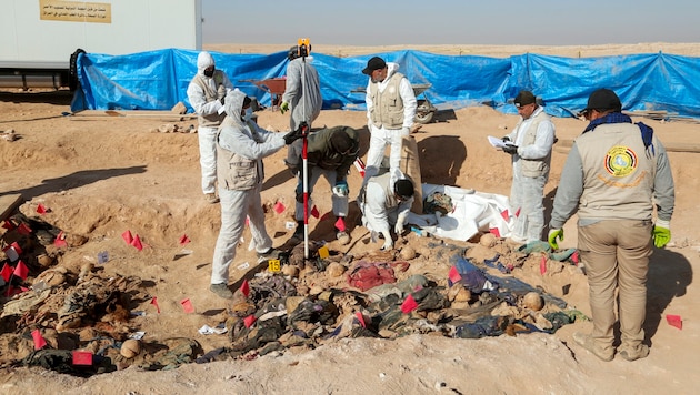 Forensic experts examine the bodies in the mass grave. (Bild: APA/AFP)