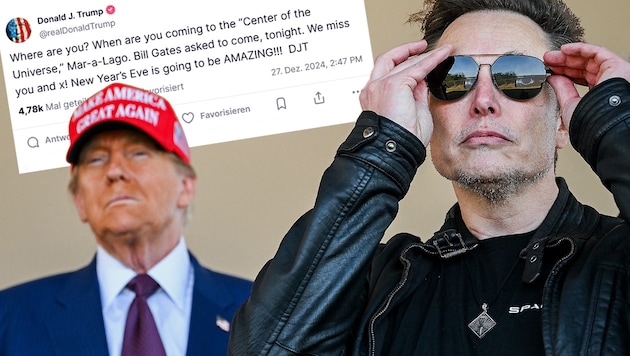 Trump is likely to have sent a public post instead of a private message to Musk. (Bild: Krone KREATIV/AFP/GETTY IMAGES/Brandon Bell, truthsocial.com/@realDonaldTrump)