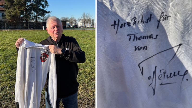 Over the years, Selner has not only supplied many jerseys, but also collected them. Like the one from Heimo Pfeifenberger with a personal dedication, (Bild: Sebastian Steinbichler)