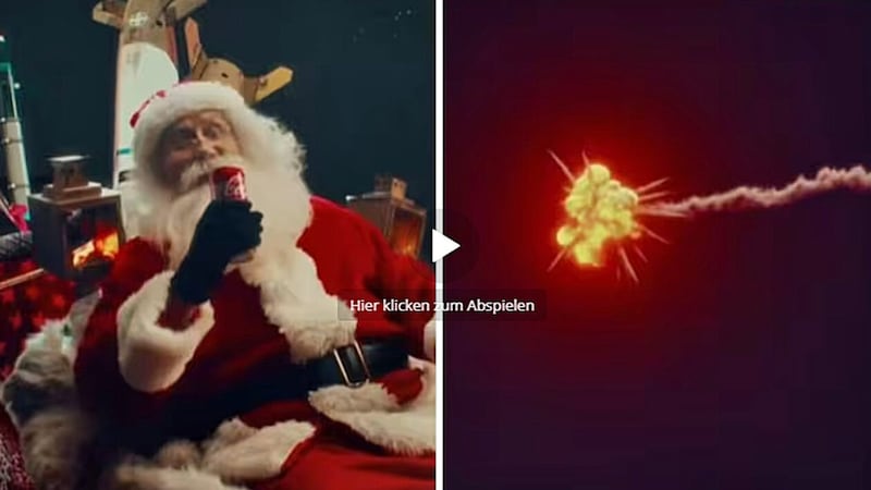 Ein Coca-Cola trinkender Weihnachtsmann wird in einem russischen Propaganda-Video von Russland abgeschossen. (Bild: Screneshot/Telegram)