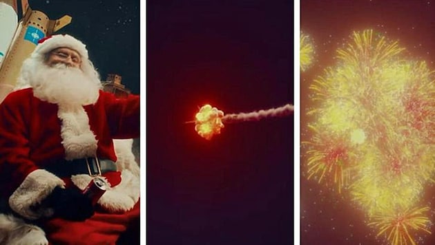 Irre Propaganda-Szenen aus Putins Russland: Im Video wird der Weihnachtsmann mit einer Rakete abgeschossen. (Bild: Screenshot/Telegram)