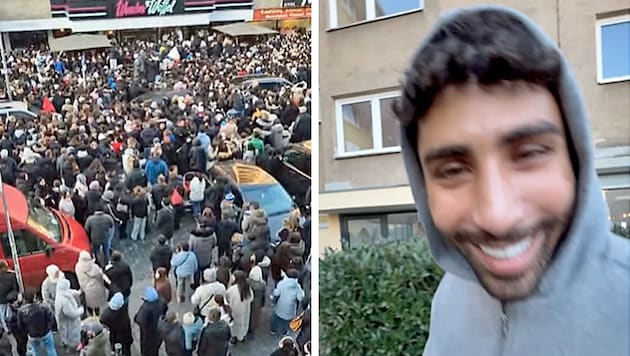 Tumultartige Szenen und sechs Leichtverletzte: Influencer Nader Jindaoui sorgte  mit einem angekündigten öffentlichen Auftritt für Chaos. Die Polizei musste einschreiten. (Bild: Krone KREATIV/Screenshots/Instagram.com)