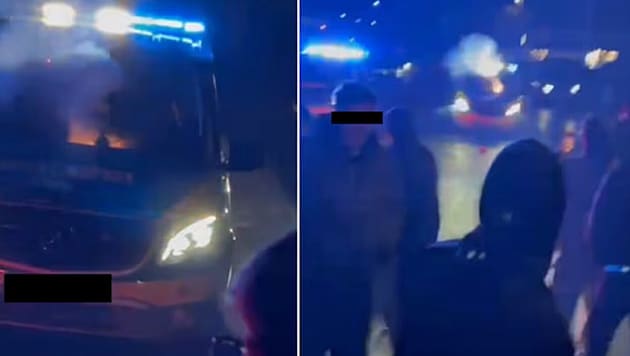 Police officers confronted an out-of-control crowd in the German city of Aachen. Officers were targeted with firecrackers and rockets. A patrol car caught fire. (Bild: Screenshots/TikTok)