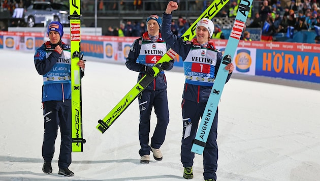 Stefan Kraft, Jan Hörl und Daniel Tschofenig (von li. nach re.) (Bild: GEPA pictures)