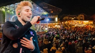 Der Dorfplatz in Neustift war gut gefüllt, als der erblondete Alexander Eder samt seiner Band auftrat. (Bild: Krone KREATIV/ME Werbeagentur)