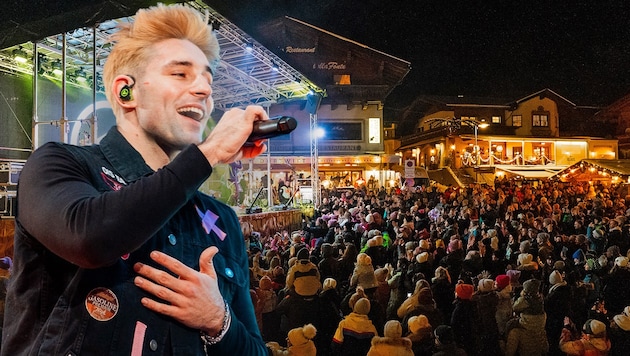 Der Dorfplatz in Neustift war gut gefüllt, als der erblondete Alexander Eder samt seiner Band auftrat. (Bild: Krone KREATIV/ME Werbeagentur)