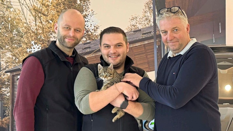 Once rescued, the cat was given lots of cuddles by Fleischhacker (center) &amp; Co. (Bild: DOKU-NÖ)