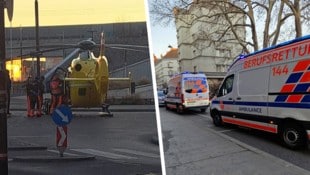 Der Helikopter landete im Kreisverkehr, mehrere Rettungsteams waren vor Ort.  (Bild: Krone KREATIV/Privat)