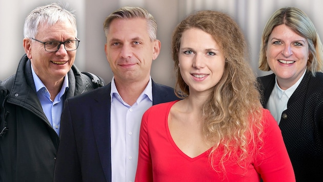 Alois Stöger (v. li.) stieg auf, ebenso Wolfgang Hattmannsdorfer. Johanna Jachs wurde zur Absteigerin, kann aber noch hoffen. Elisabeth Schwetz ist neue Volksanwältin.  (Bild: Krone KREATIV/Land OÖ, APA, Parlament, Scharinger)