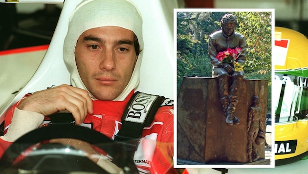 Ayrton Senna (l.) and the sculpture commemorating him in Imola (Bild: AFP, Hannes Maierhofer)