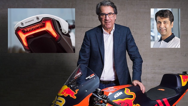 Stefan Pierer is likely to lose influence at KTM, CFMoto (left) and partner Bajaj - here Rajiv Bajaj (right) - have already shown interest in injecting money. (Bild: Krone KREATIV/Philip Platzer, KTM, CF Moto)